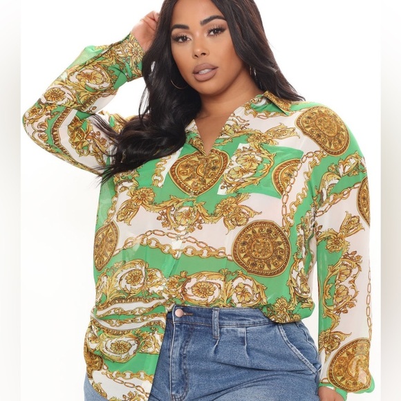 NWT Fashion Nova Crunching The Numbers Printed Shirt - Green/combo Size L - Picture 6 of 15